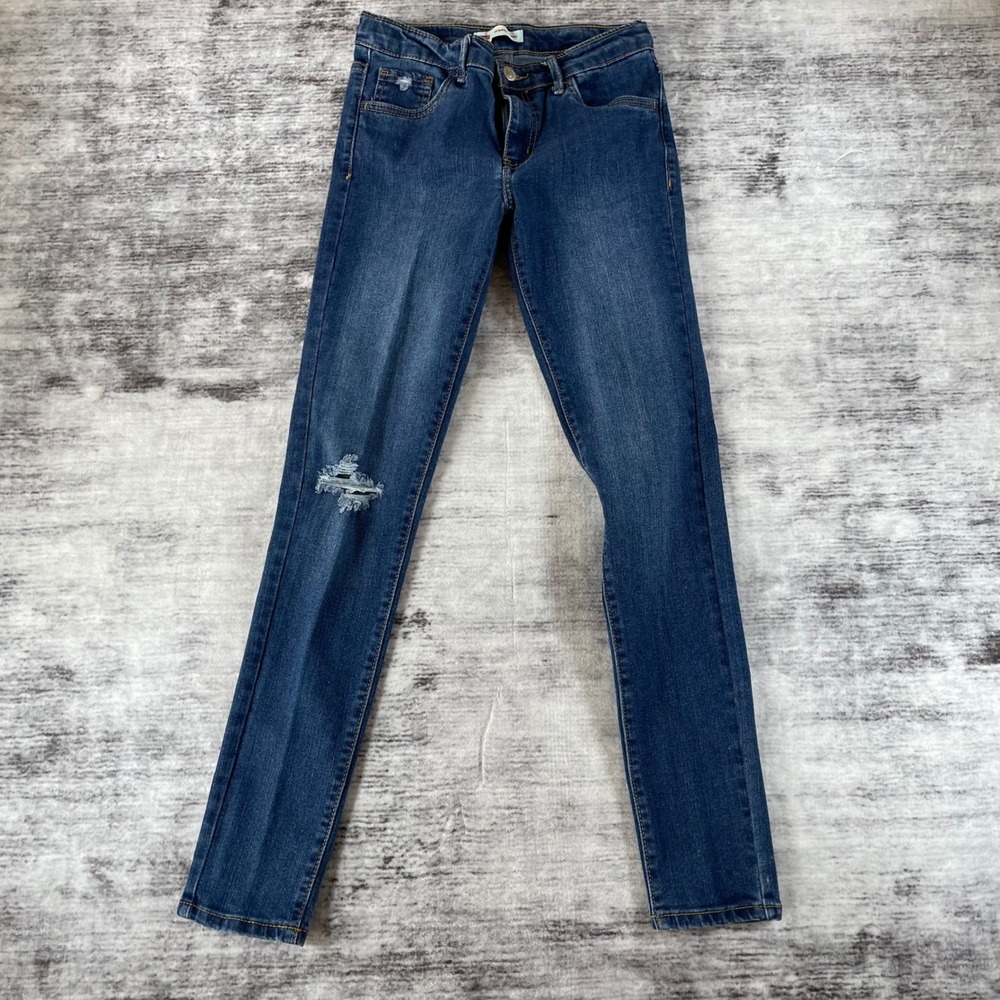 Levis 710 Super Skinny Jeans Girls Size 14 Regular Dark Wash Distressed Denim